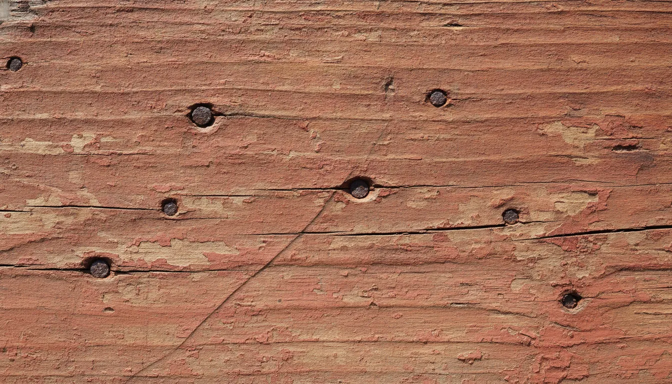 Close-up of weathered faded red barn board showing layered patina, nail holes, and checking