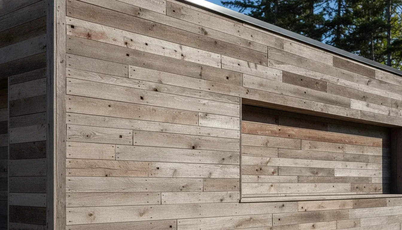 Reclaimed wood exterior cladding showing patina, checking, nail holes, and varied grain