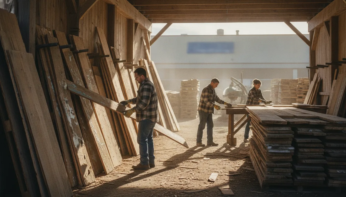Reclaimed wood boards being prepared for regional delivery from a salvaged barn