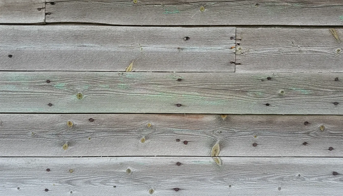 Close-up of weathered reclaimed barn board siding installed on an exterior wall showing authentic patina, nail holes, and wood grain texture