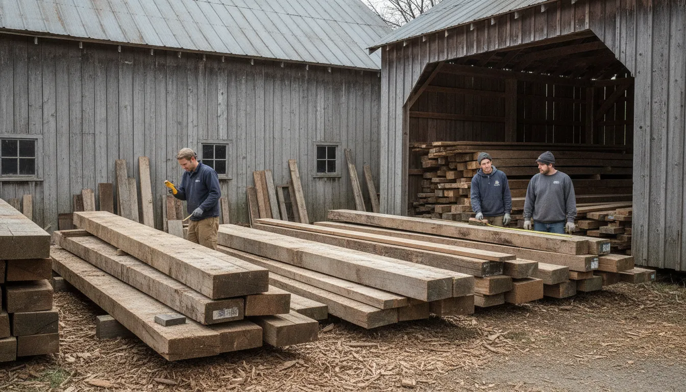 Reclaimed wood being reviewed and prepared for a custom home project