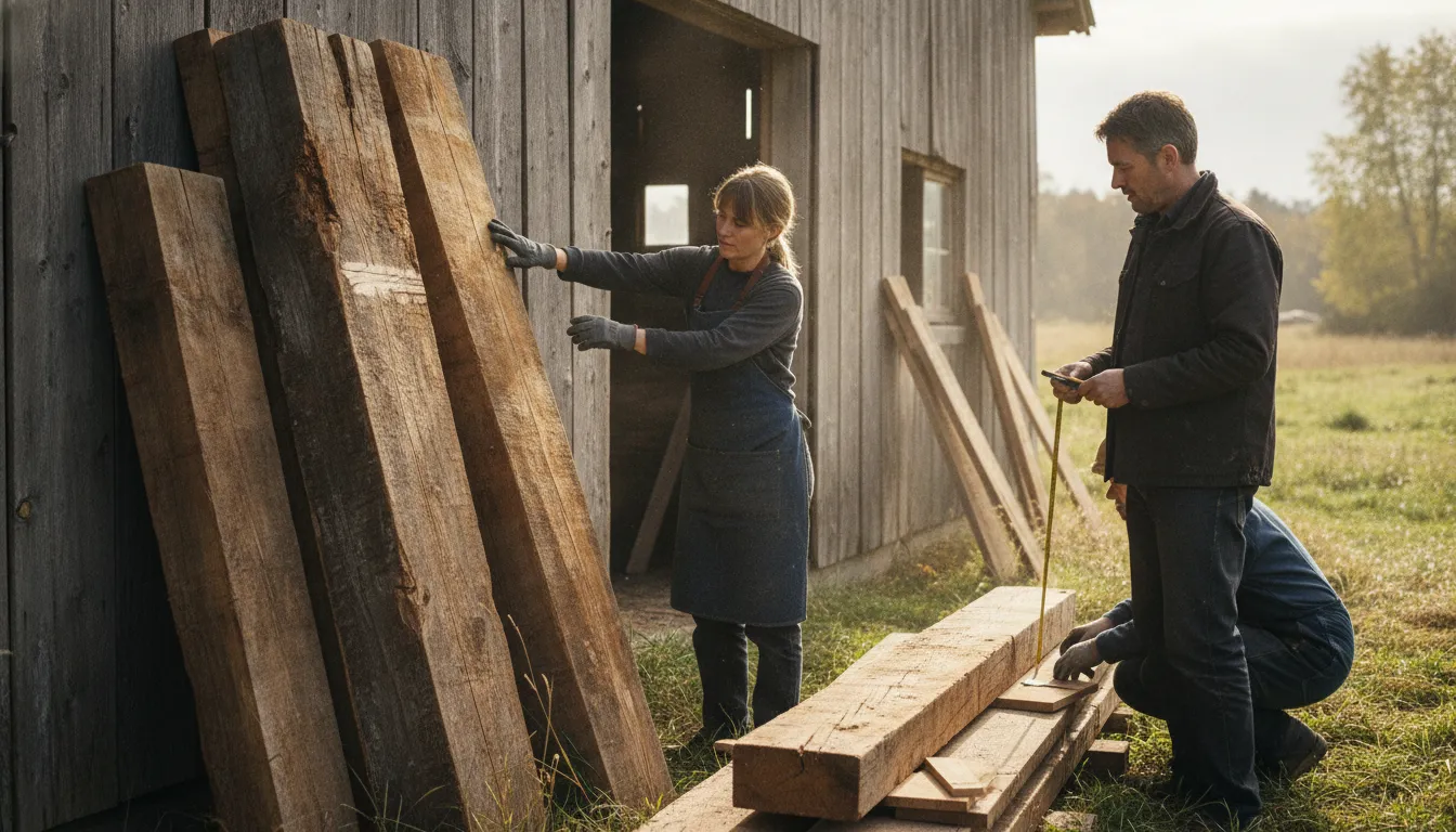 Craftspeople inspecting reclaimed timber beside an agricultural structure