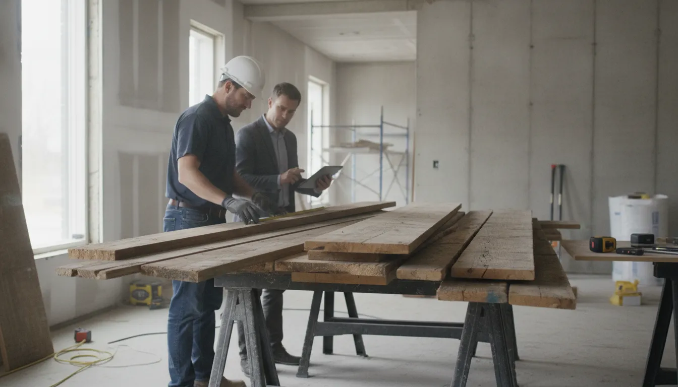 Architect and builder reviewing weathered beams and corral board samples to refine a reclaimed wood new construction specification, wood stacked on sawhorses in a modern interior
