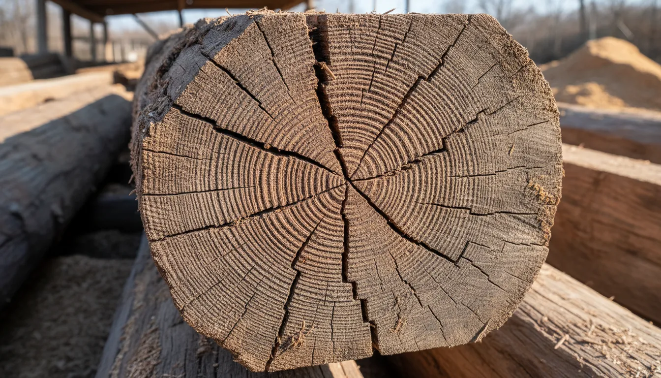 End of a reclaimed hand-hewn beam showing tight annual growth rings, checking, and aged patina