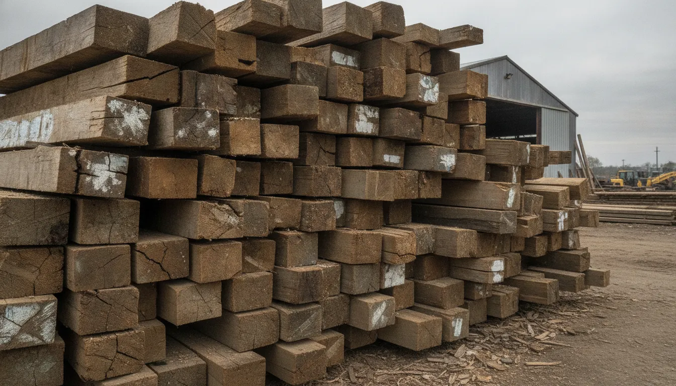 Stacked reclaimed timber beams with weathered gray patina, saw marks, and nail holes awaiting processing