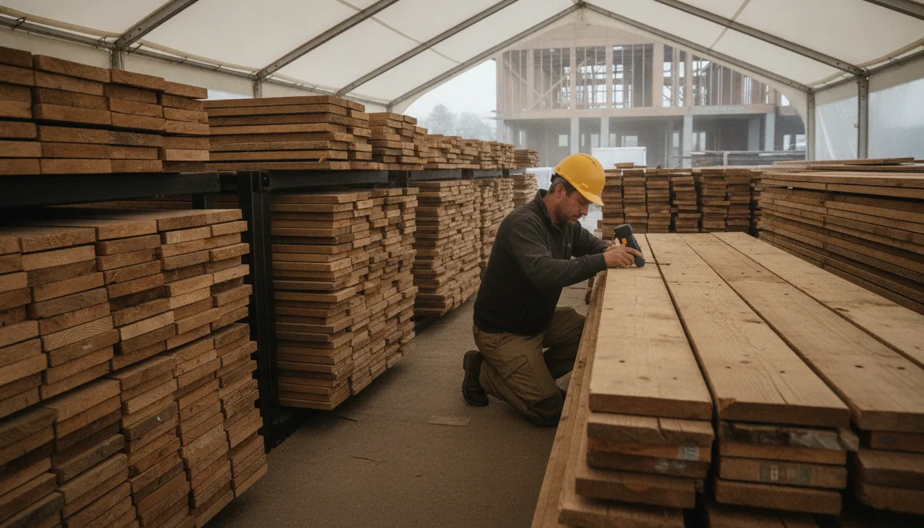 Builder checking moisture on reclaimed wood siding staged on level supports, part of the reclaimed wood new construction specification process on an active jobsite