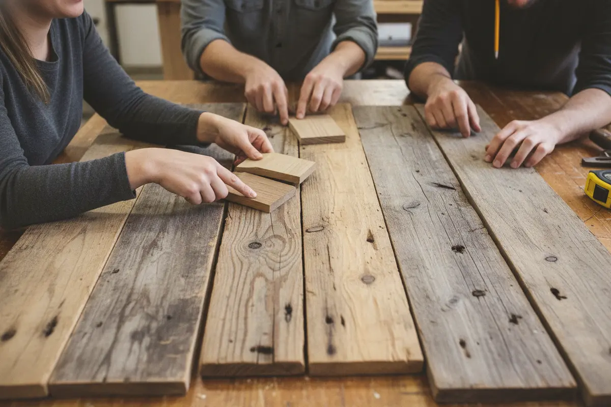 Reclaimed barn board samples arranged for visual comparison