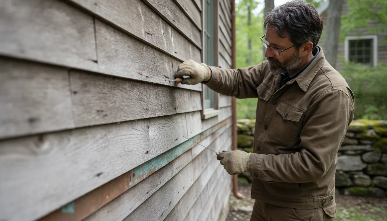 Architect inspecting reclaimed wood siding joints and flashing