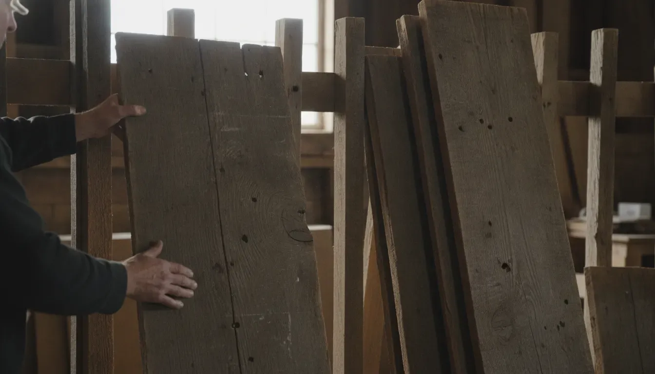 Materials specialist sorting reclaimed barn boards with visible nail holes and weathered grain