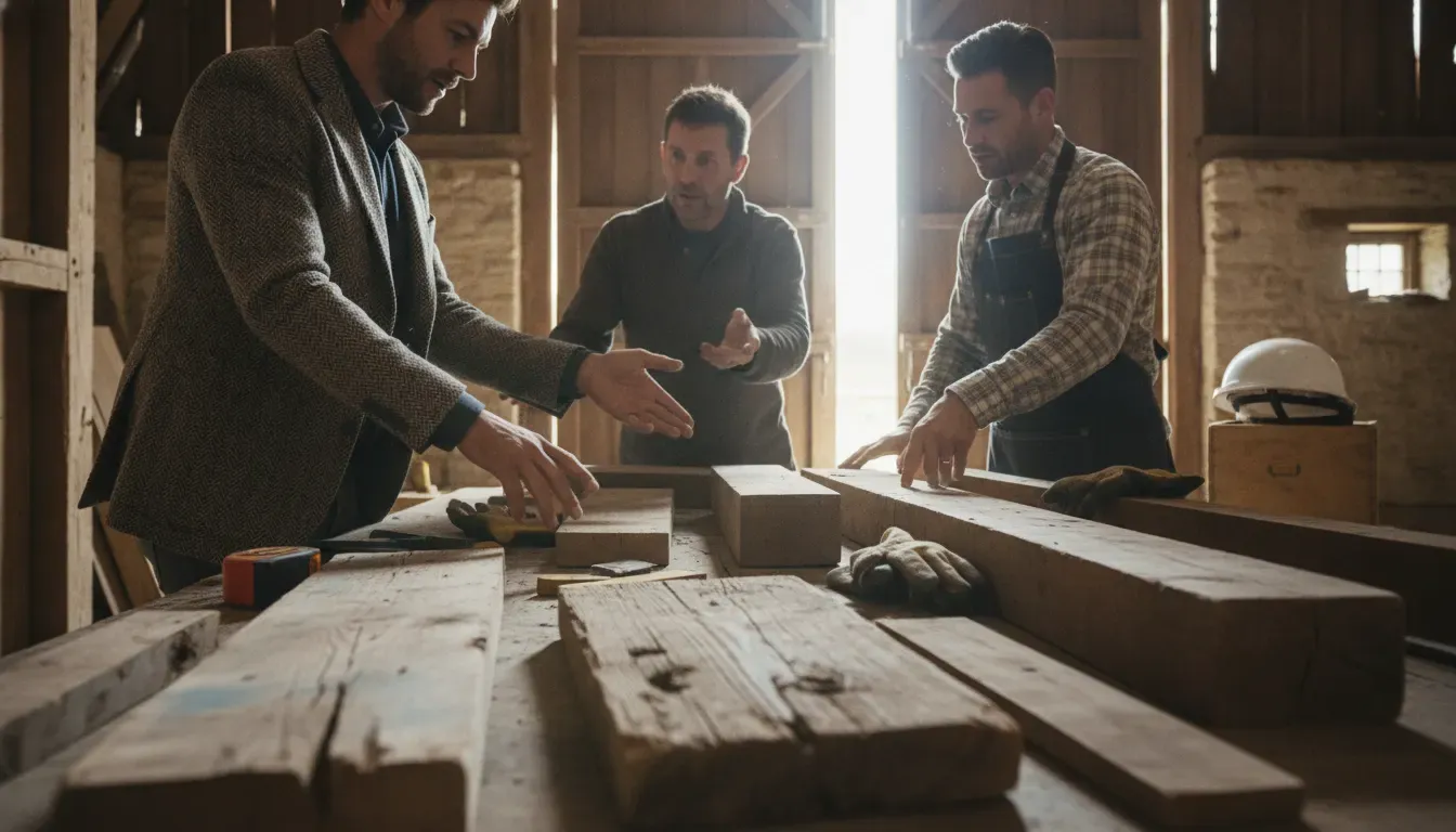 Architect, builder, and supplier comparing reclaimed wood samples for a material specification