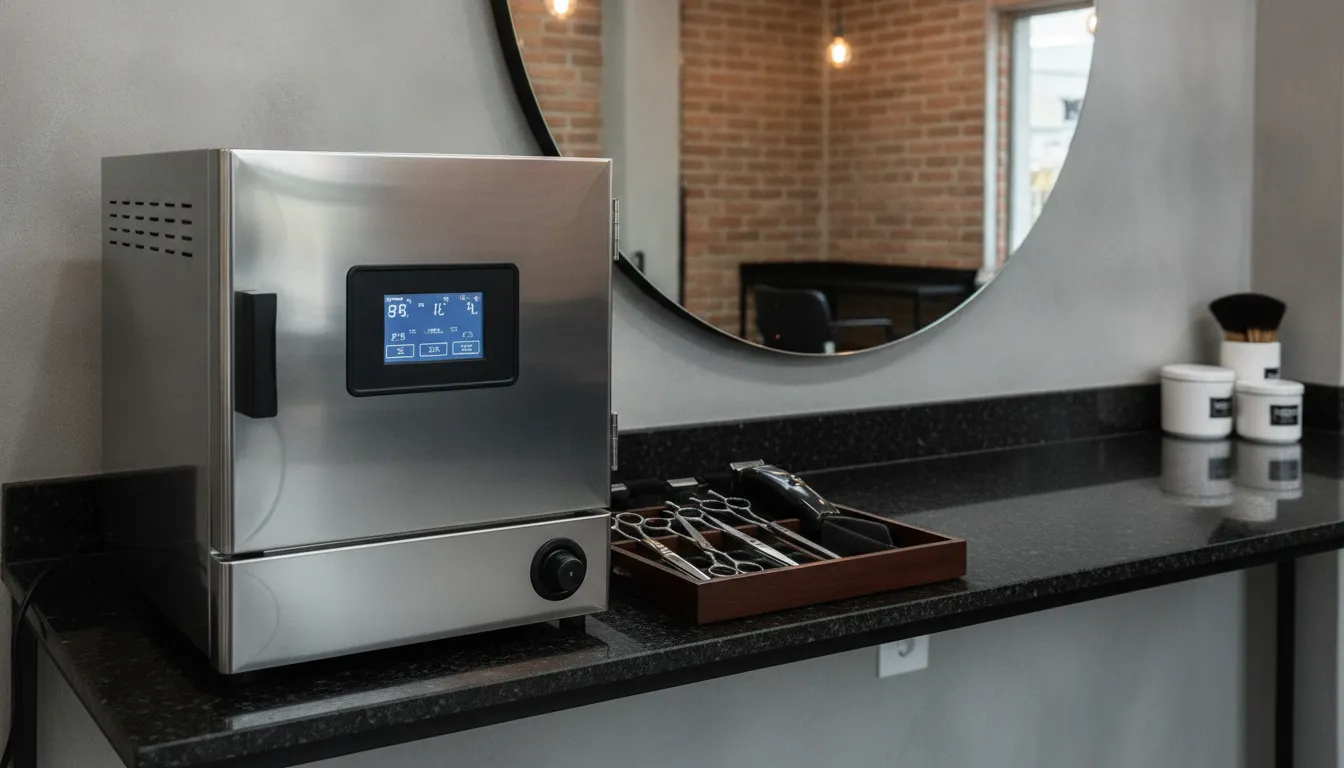 Professional autoclave steam sterilizer machine in a modern barbershop with stainless steel finish and digital controls