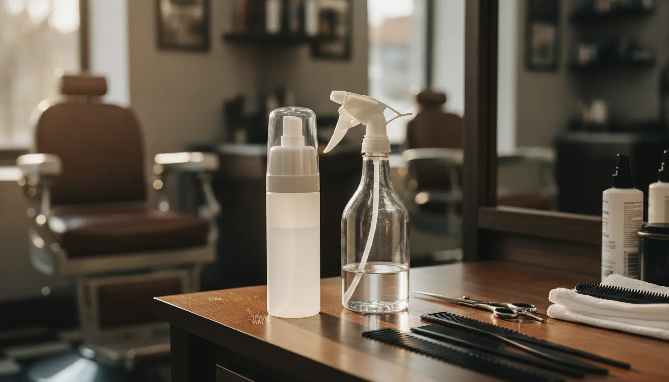 Continuous mist and trigger barber spray bottle designs on a professional workstation