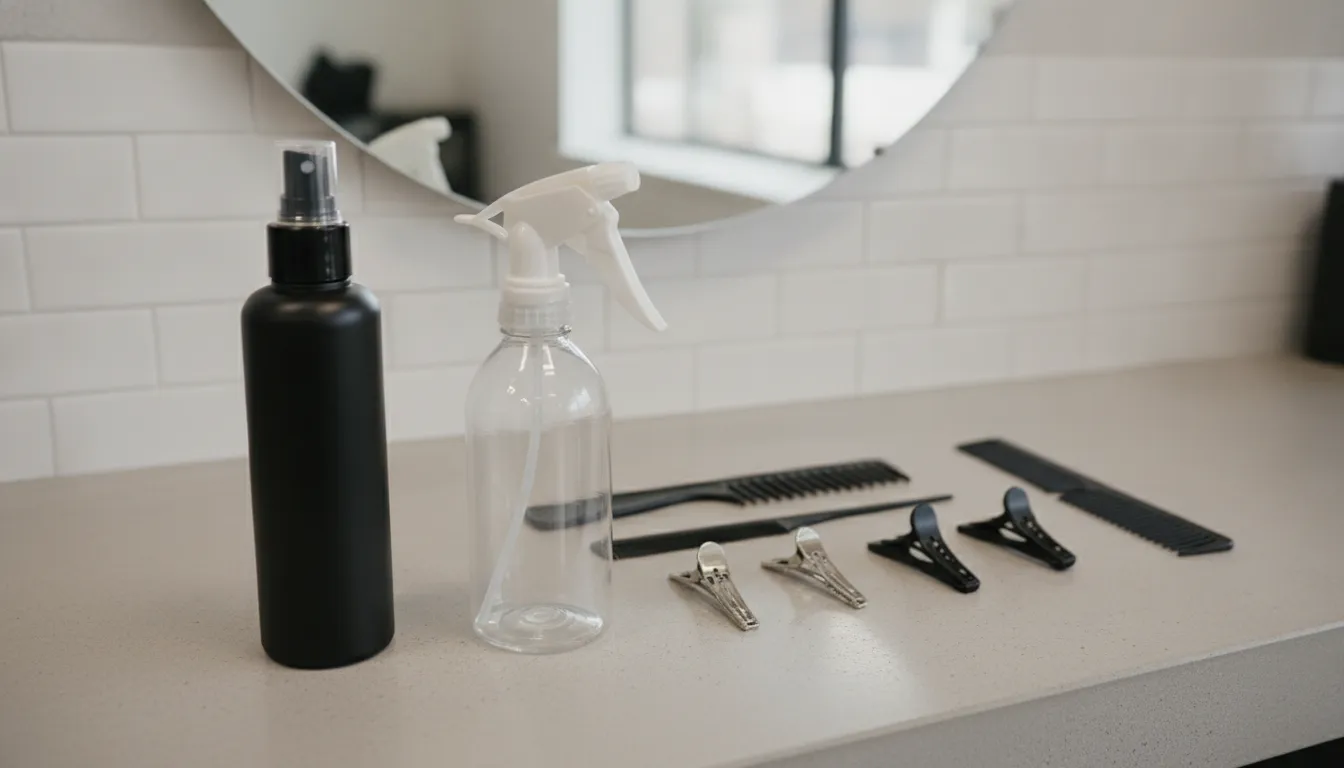 Continuous mist and trigger barber spray bottle mechanisms compared on a workstation