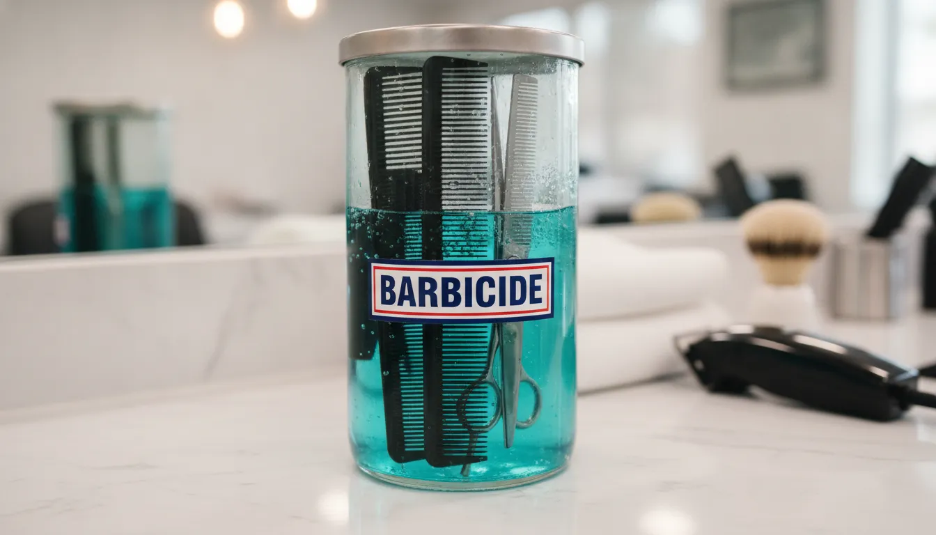 Glass Barbicide jar filled with blue disinfectant liquid with professional barber combs and shears submerged inside on a clean barber station countertop