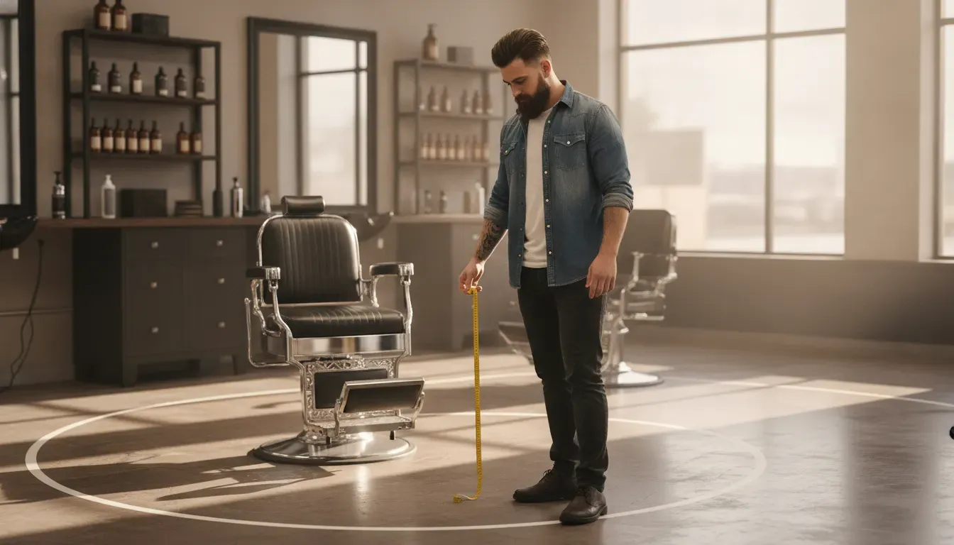 Shop owner checking the floor footprint and walking space around a barber chair