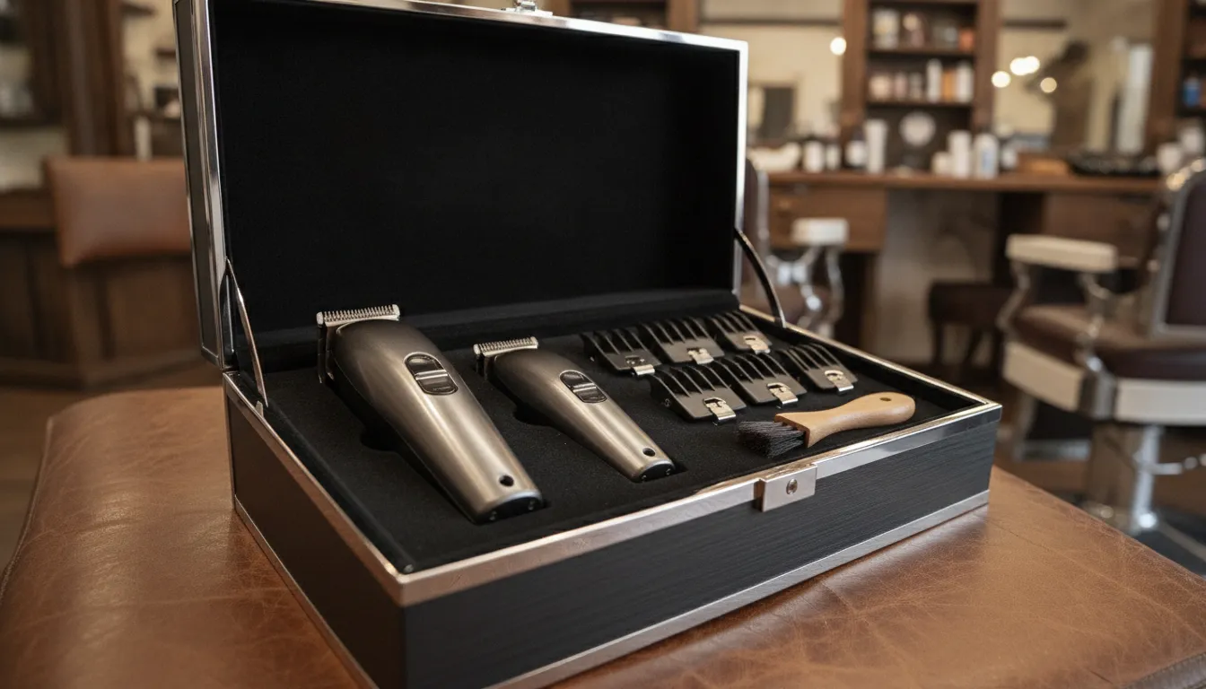 Opened luxury barber tool presentation box showing professional cordless clipper and trimmer set in velvet compartments with clipper guards