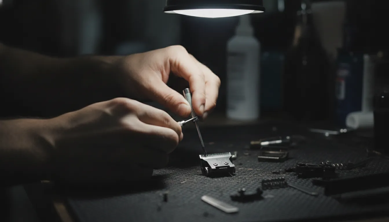 Barber adjusting the gold titanium MIM fade blade on an FXONE clipper at a workbench