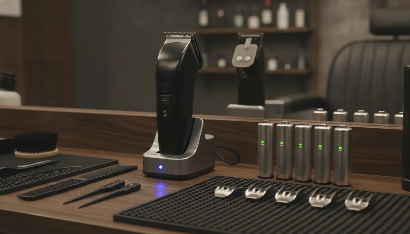 Barber charging FXONE cordless clippers on a USB-C dock at a shop station