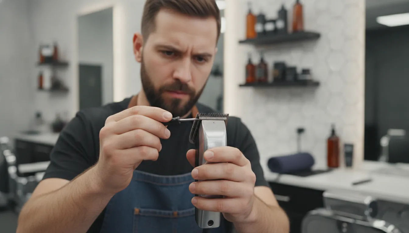 Barber adjusting clipper blade alignment with a screwdriver at a clean workbench