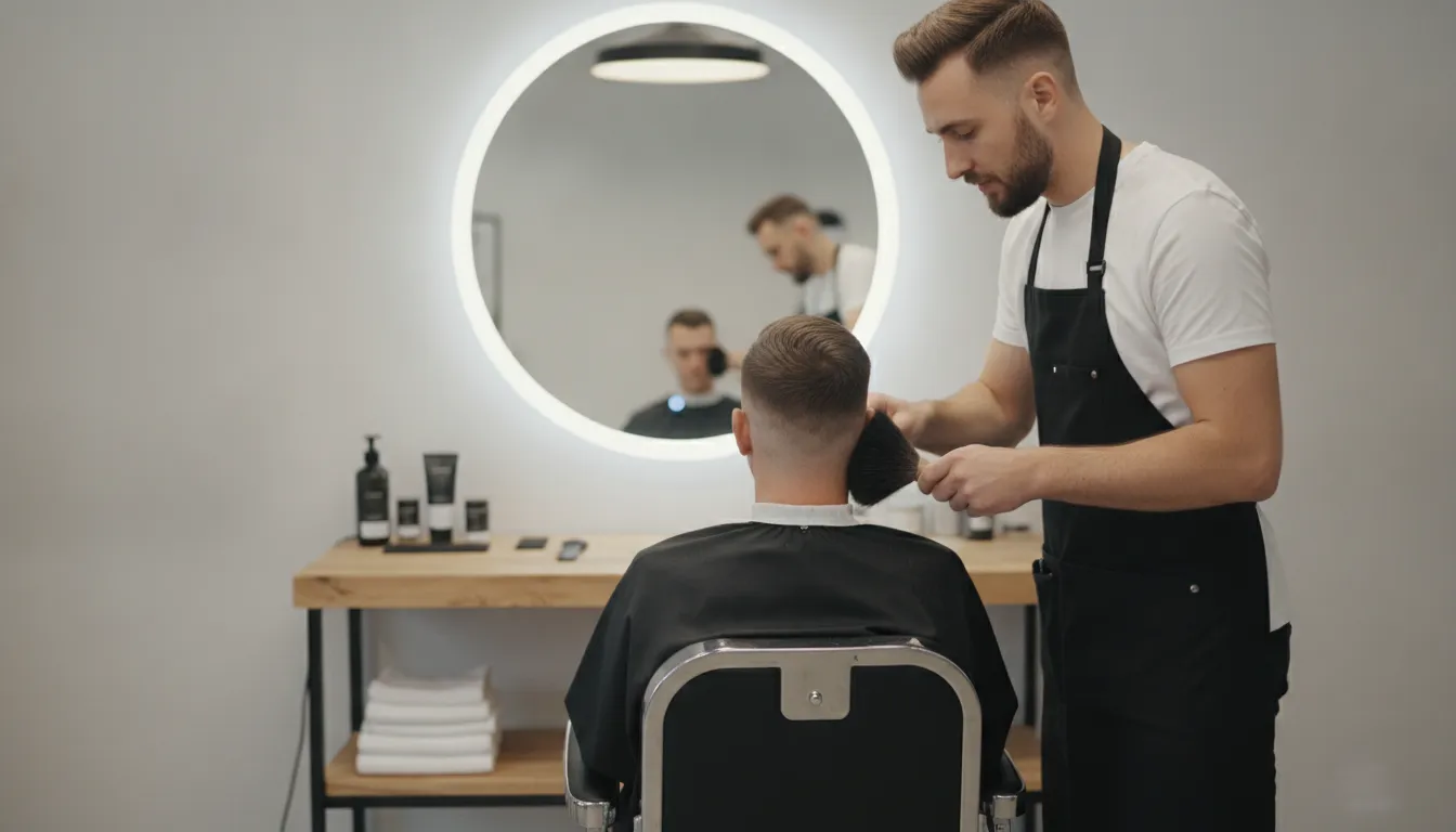 Barber applying a small amount of finishing powder with a clean neck duster