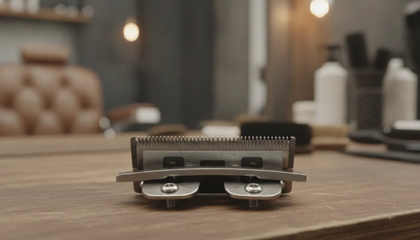 Close-up view of professional clipper blades showing the cutting and guard blade alignment on a workbench