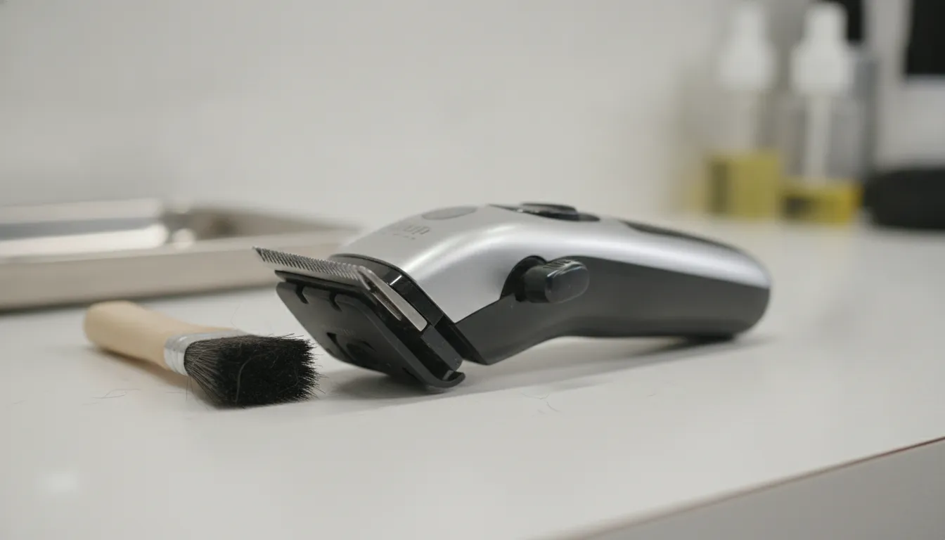 Dog grooming clipper with detachable blades and maintenance tools