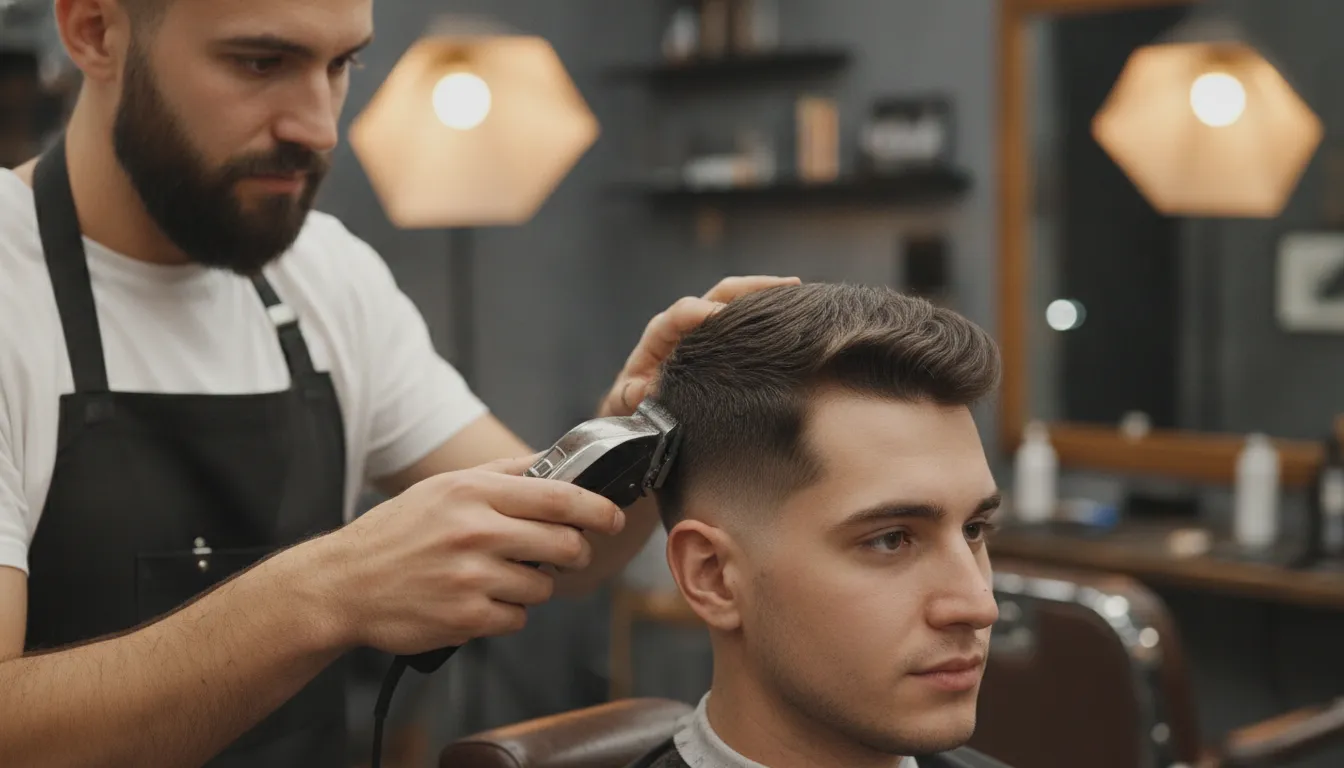 Professional barber using a clipper with guard comb to create a smooth fade on a client