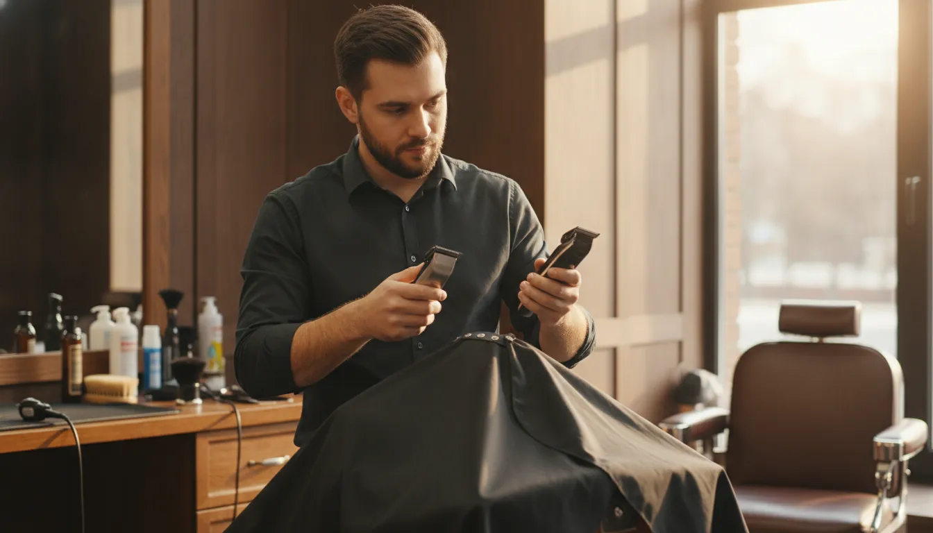 Barber comparing two cordless clippers over a cape in a professional barbershop