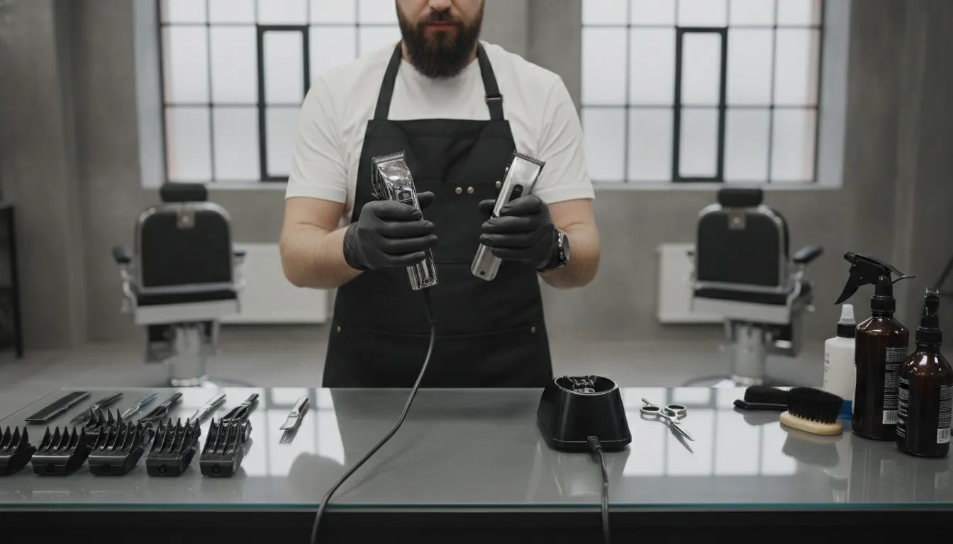 Barber comparing corded vs cordless clippers at a professional workstation