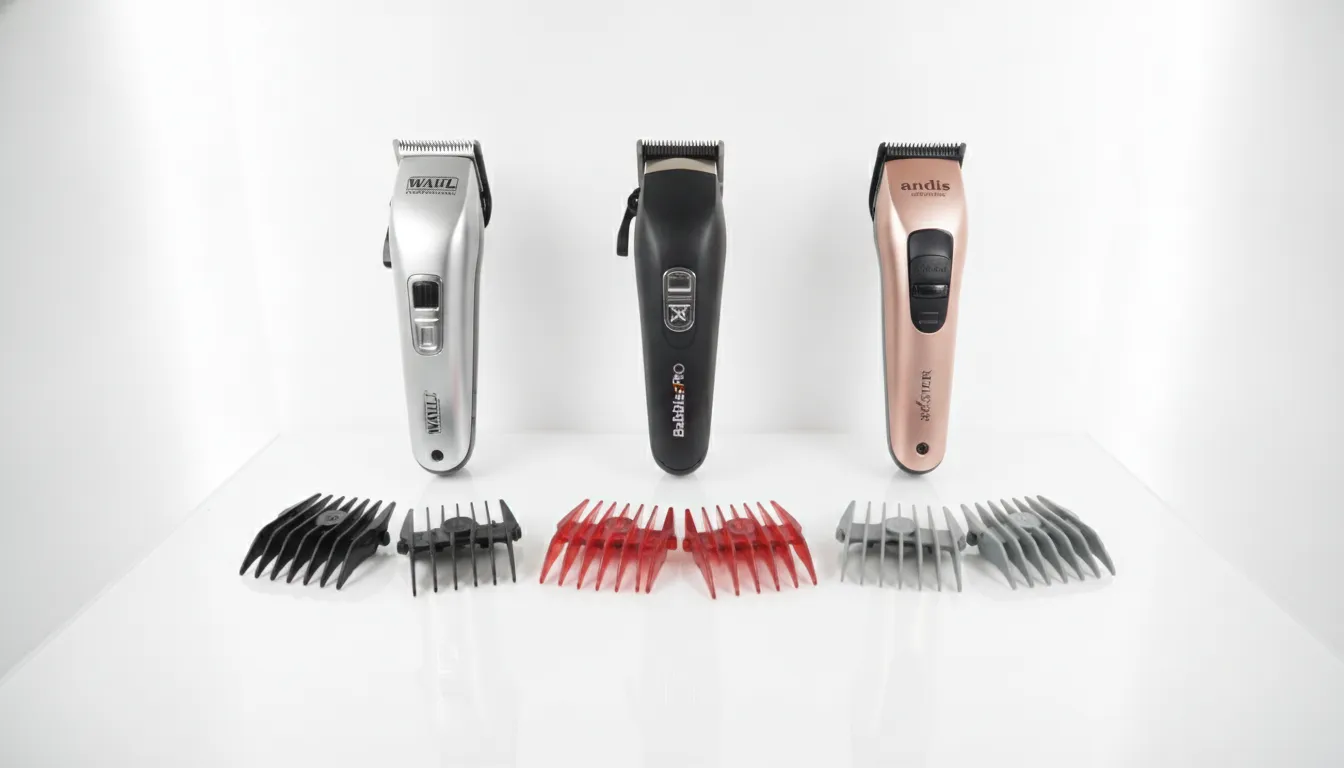 Professional cordless hair clippers displayed with guide comb sets on a white surface