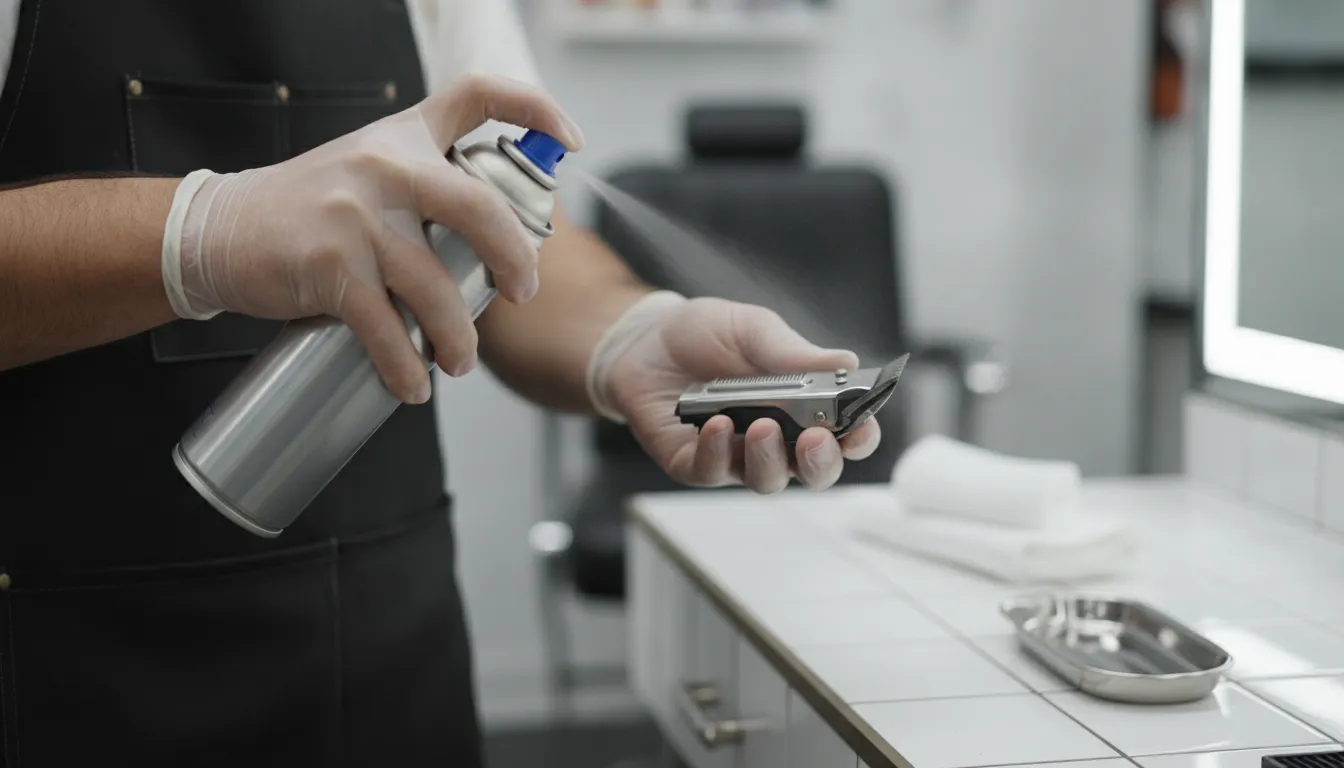 Barber applying blade coolant spray to a detached clipper blade