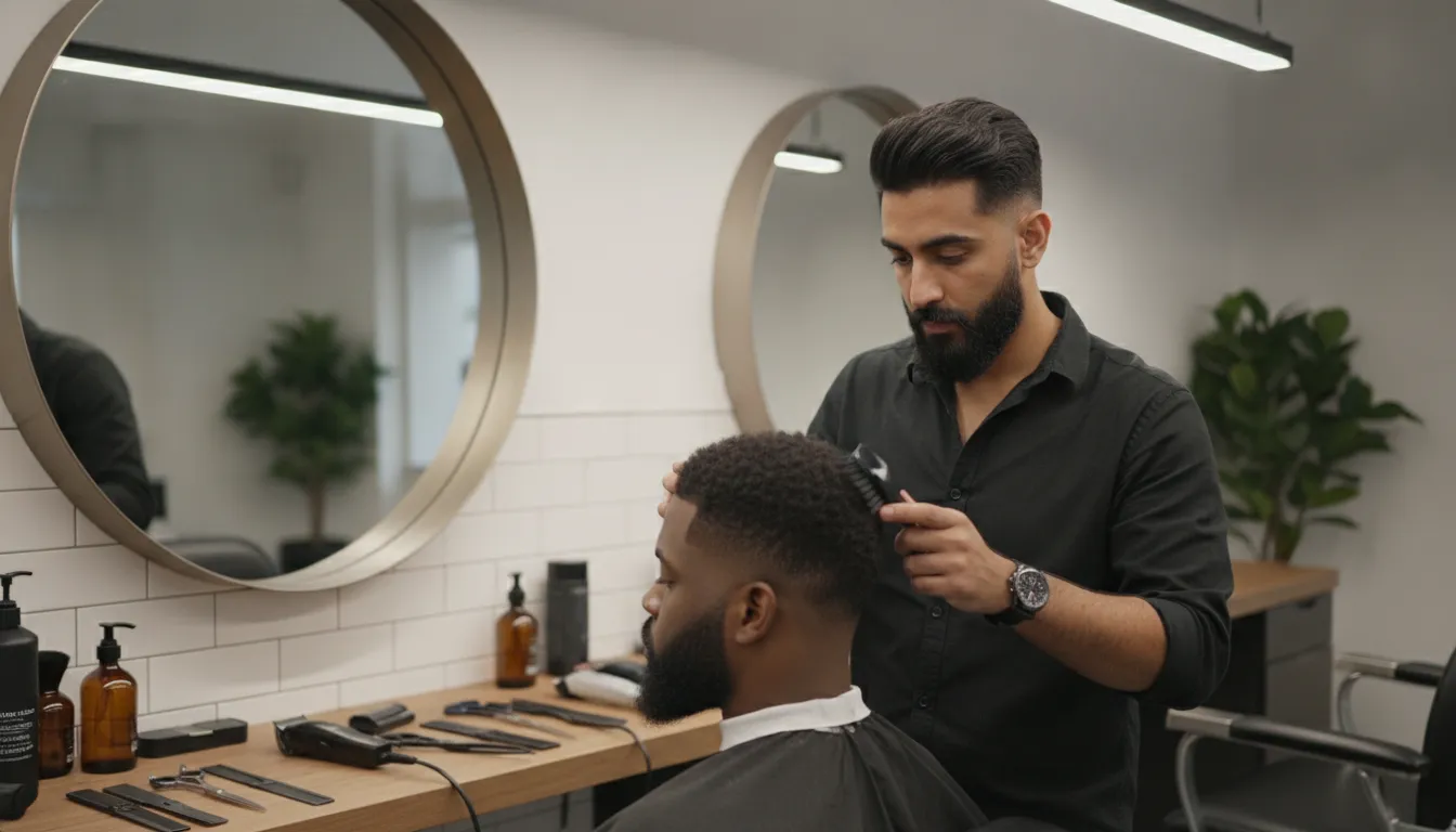 Professional barber using a fade brush during a haircut