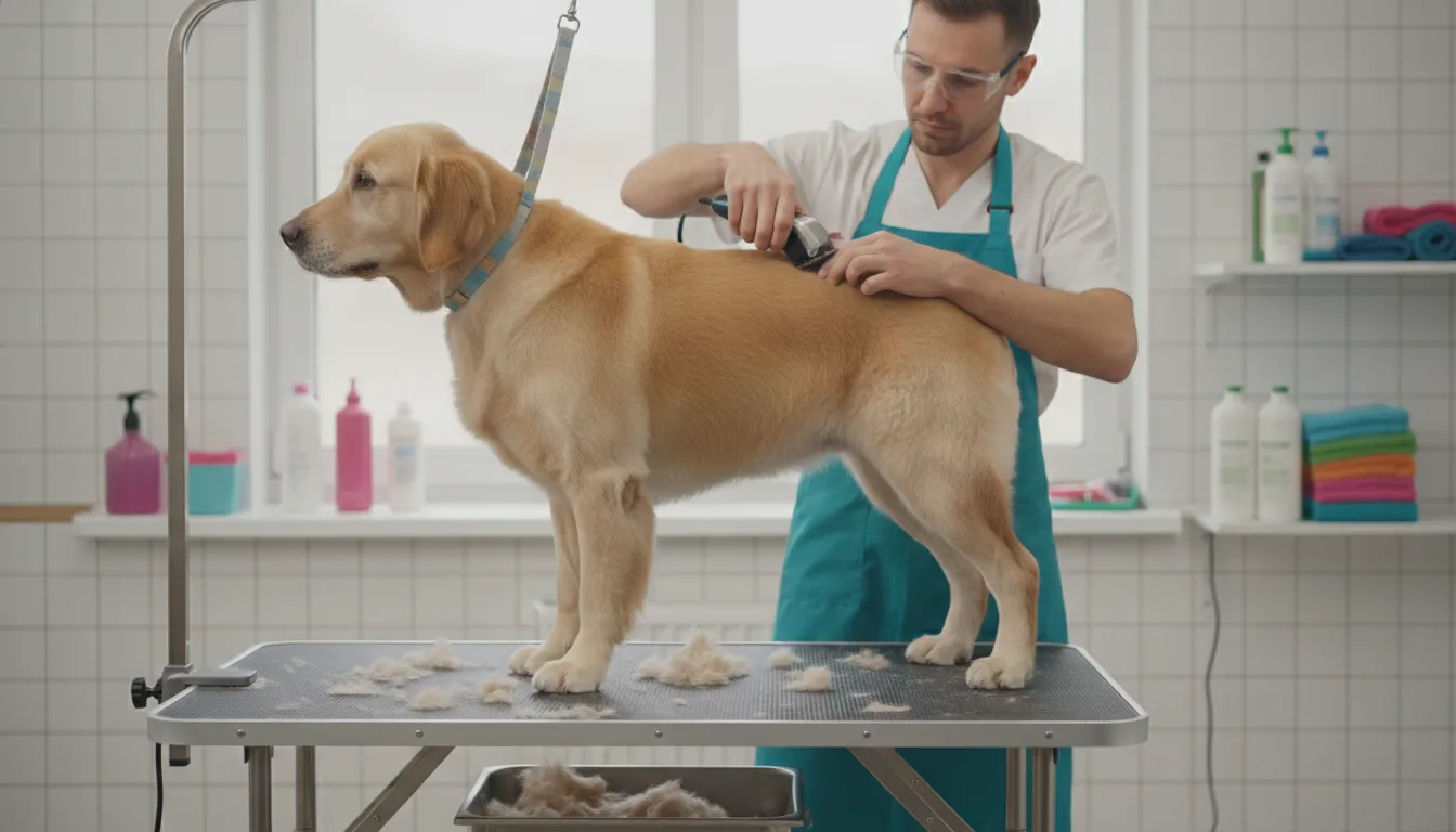 Professional groomer using dog grooming clippers on a calm dog