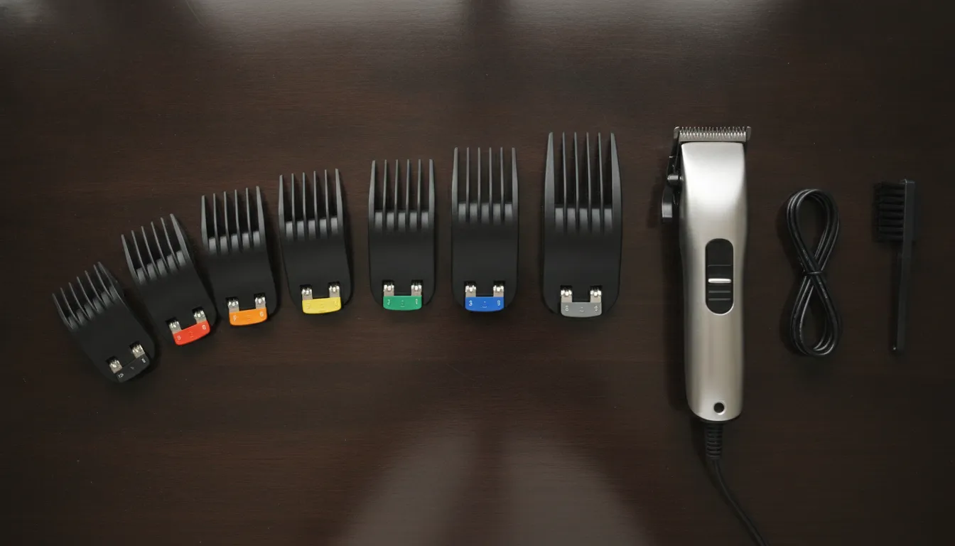 Organized clipper guard sizes beside a professional clipper