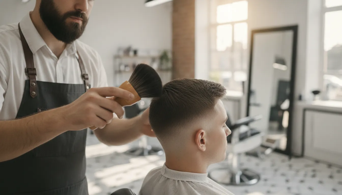 Professional barber using a barber neck duster after a haircut