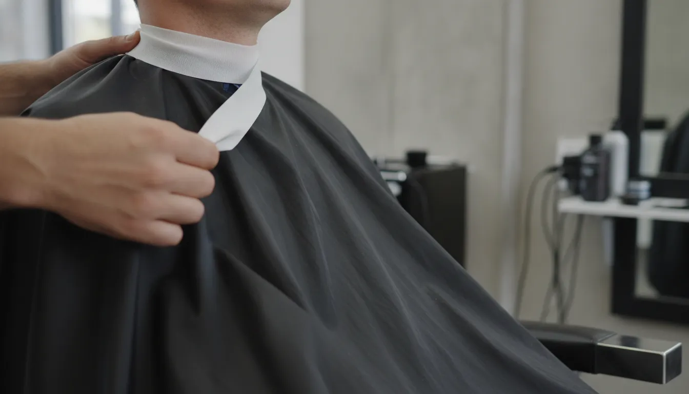 Barber fitting barber neck strips before securing a cape