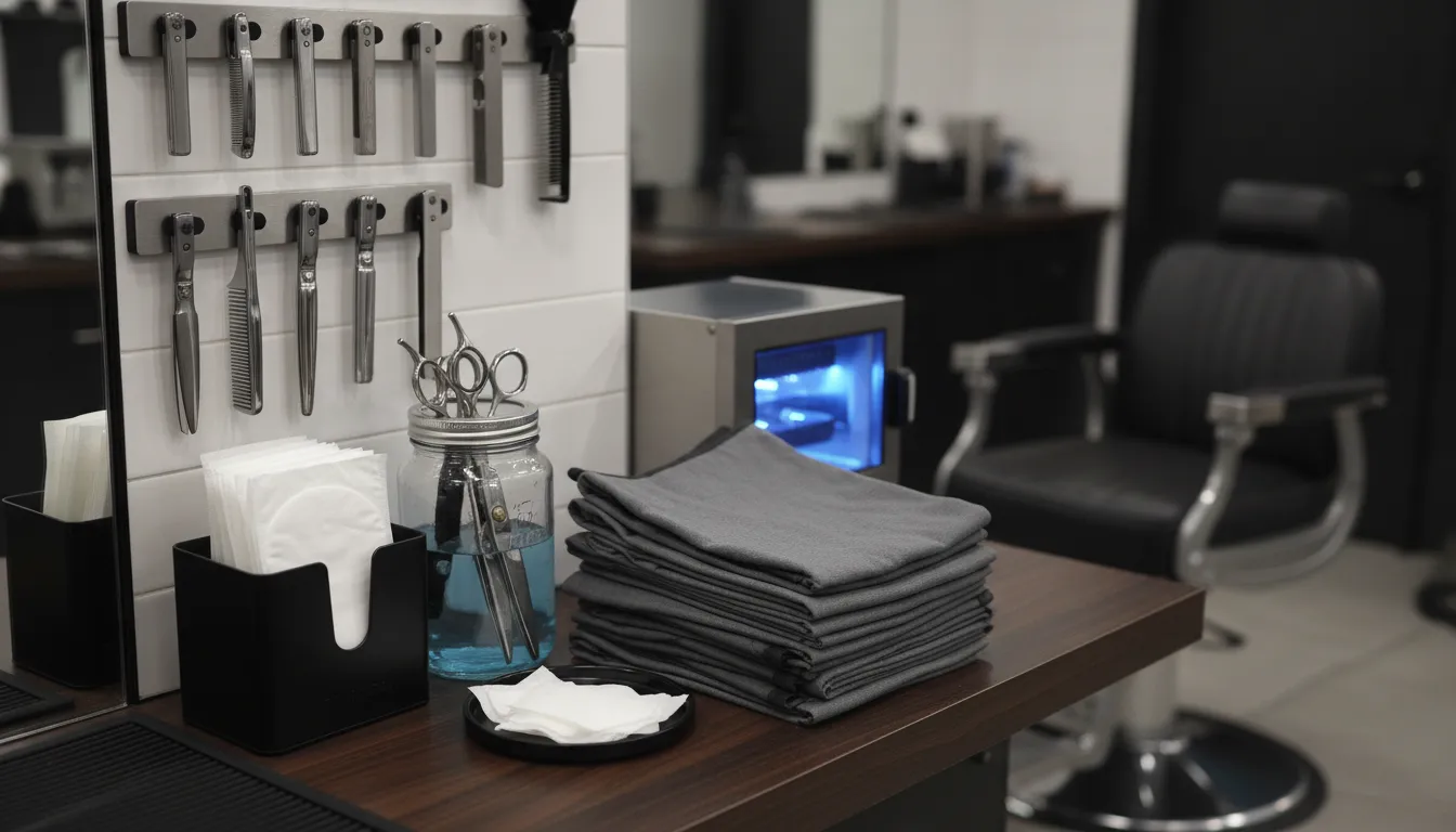 Barber station stocked with clean barber neck strips and capes