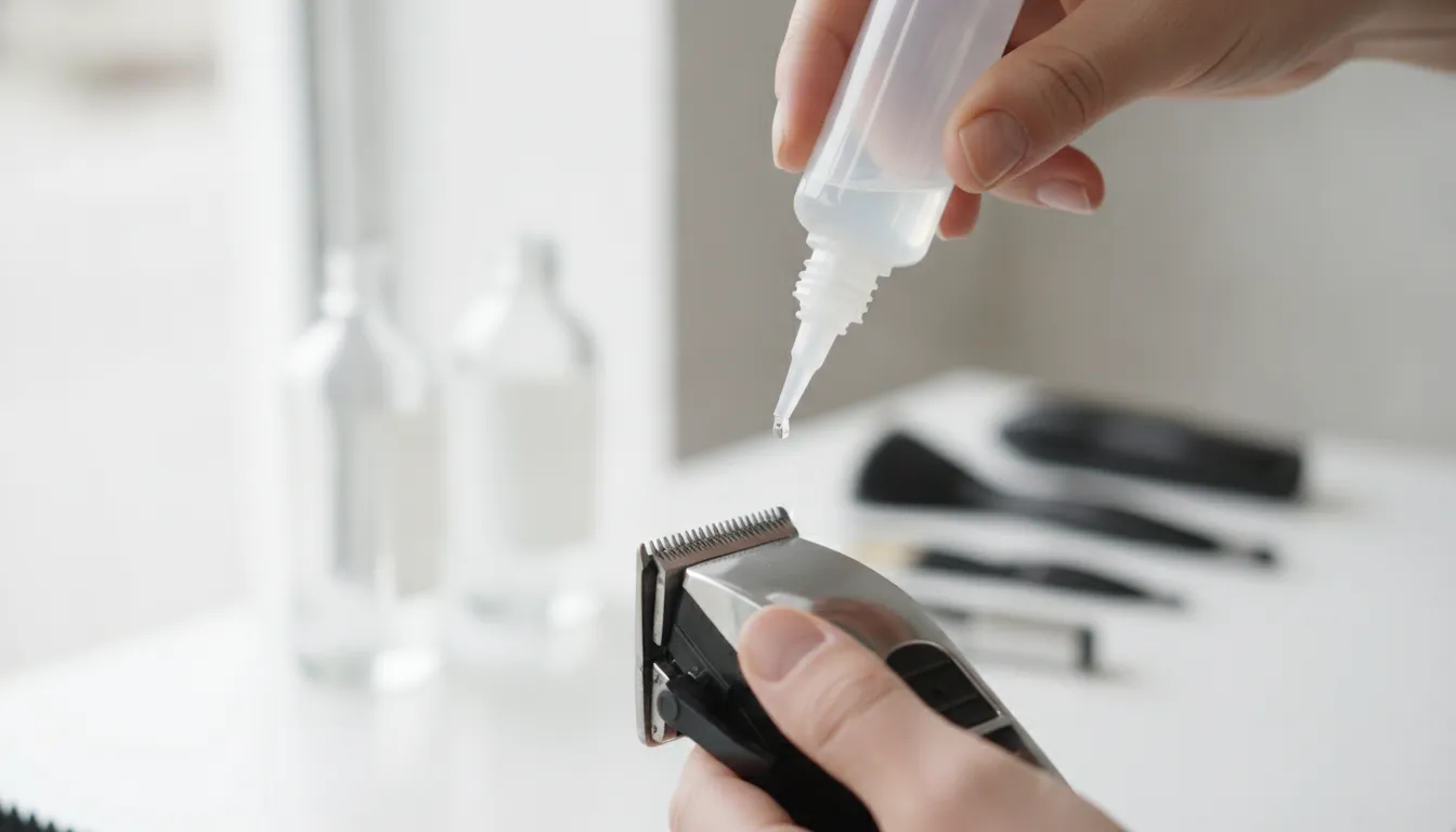Barber applying clipper oil to a clean professional clipper blade