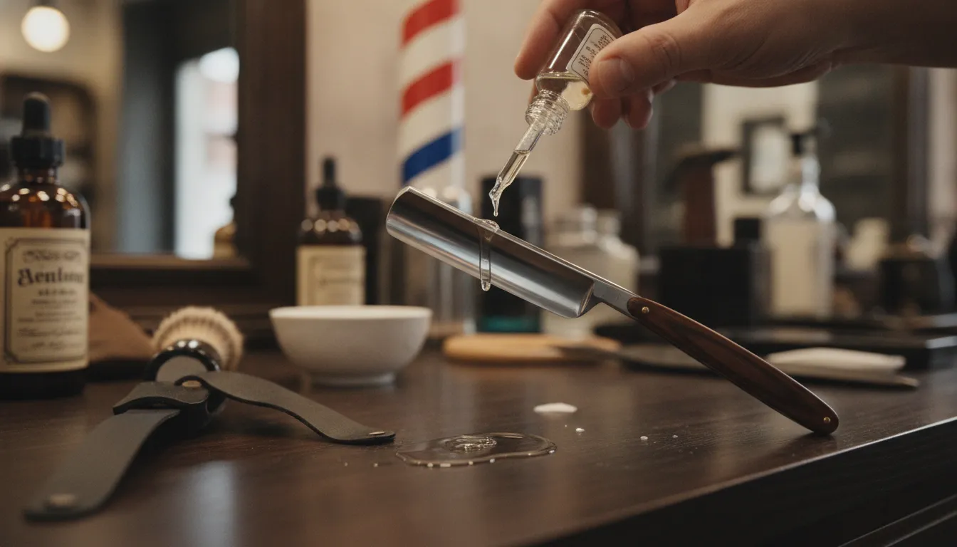 Applying mineral oil to a straight razor blade after cleaning to prevent rust and corrosion