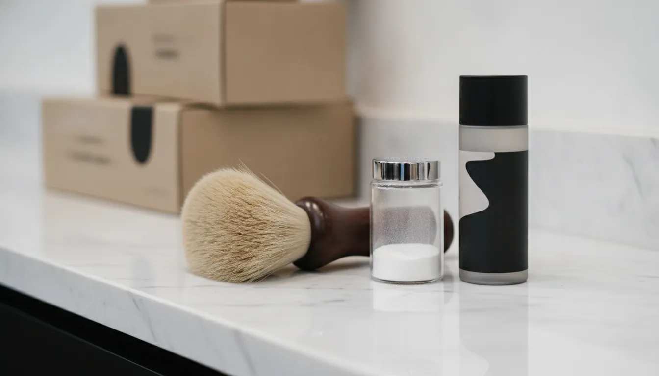 Barber comparing finishing powder and hair styling powder for different services