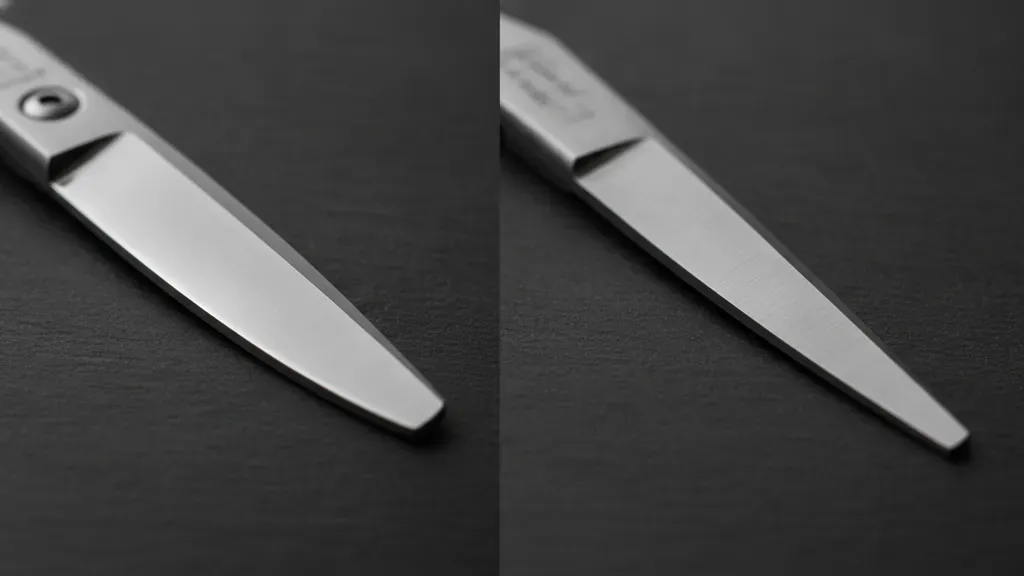 Close-up comparison of convex and beveled shear blade edge profiles on a dark surface