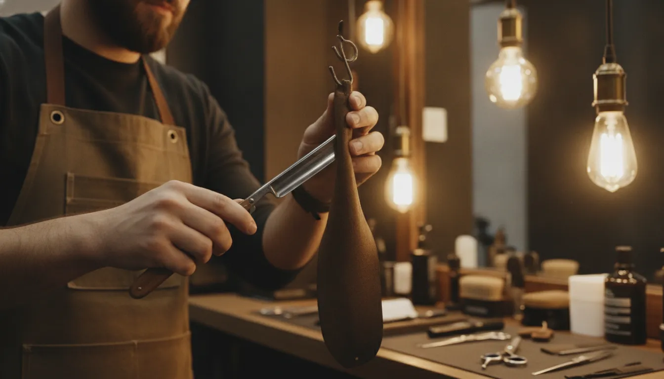 Professional barber stropping a straight razor on a hanging leather strop in a barbershop