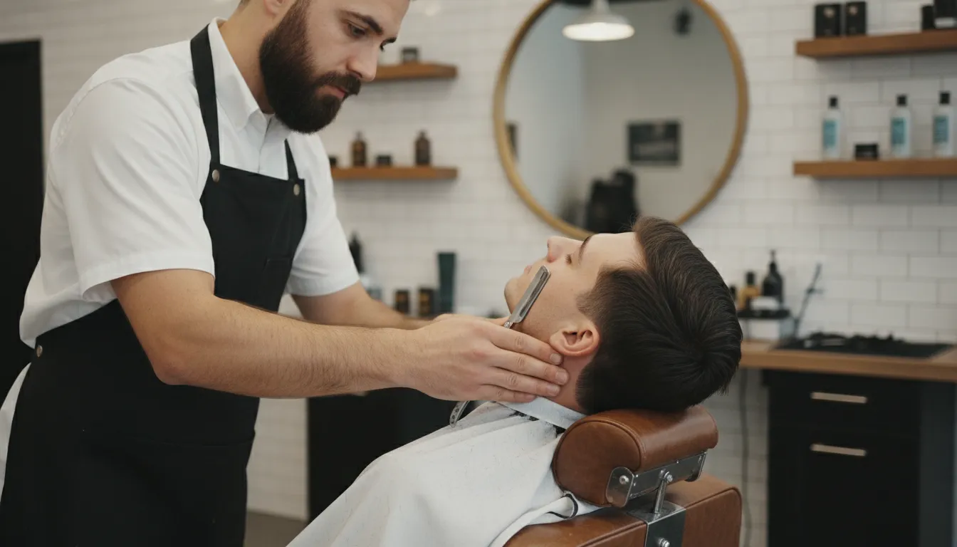 Barber controlling a straight razor during a professional shave