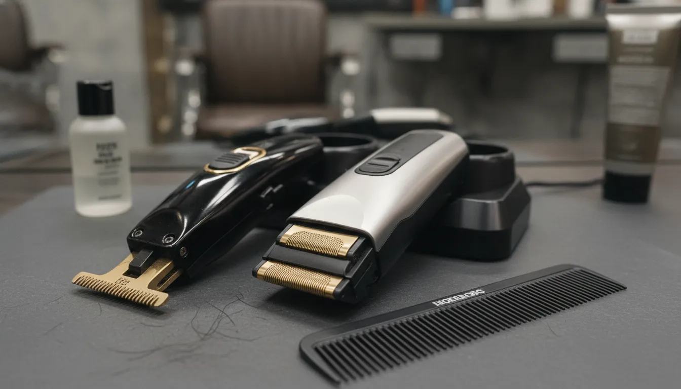 T-blade trimmer and foil shaver arranged side by side on a dark barber station for comparison
