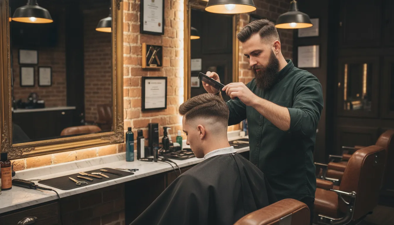 Professional barber using a carbon fiber styling comb during a precision fade