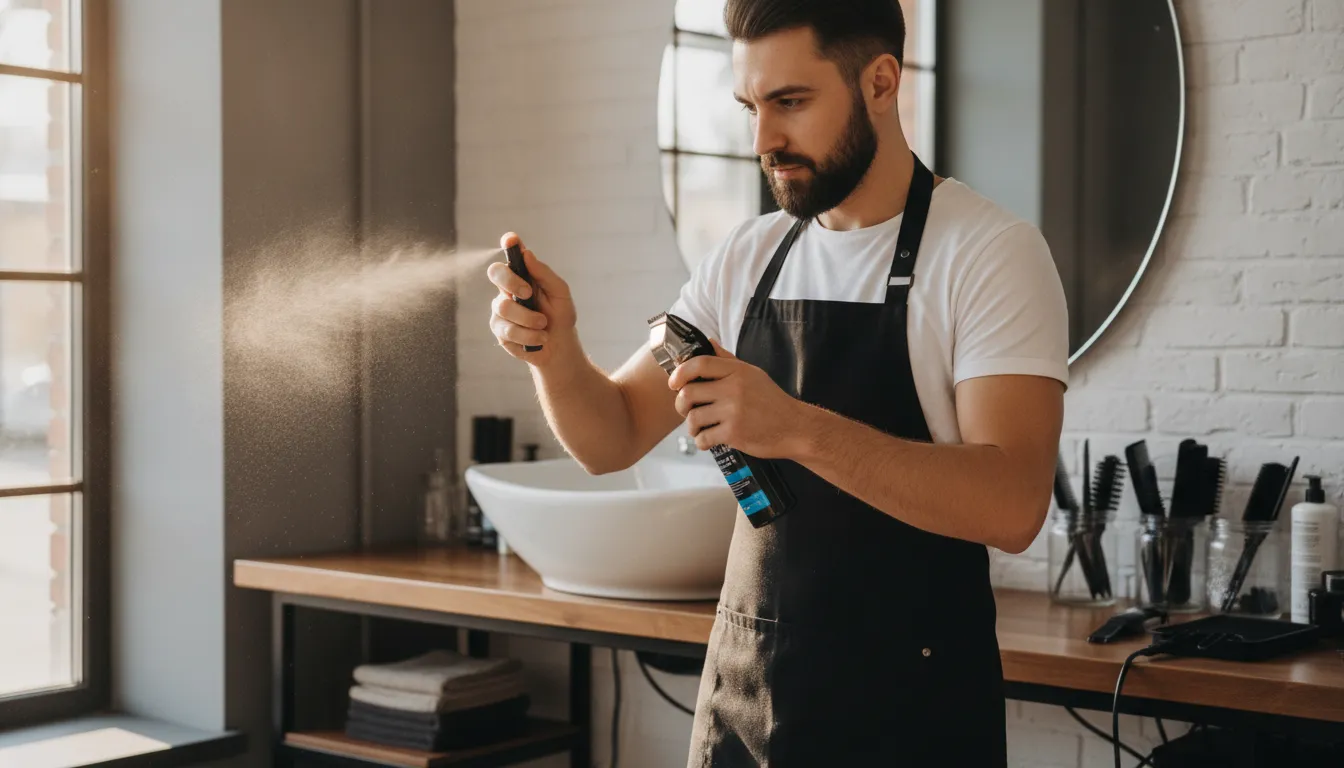 Professional barber using proper clipper cleaning techniques on hair clippers with a specialized spray