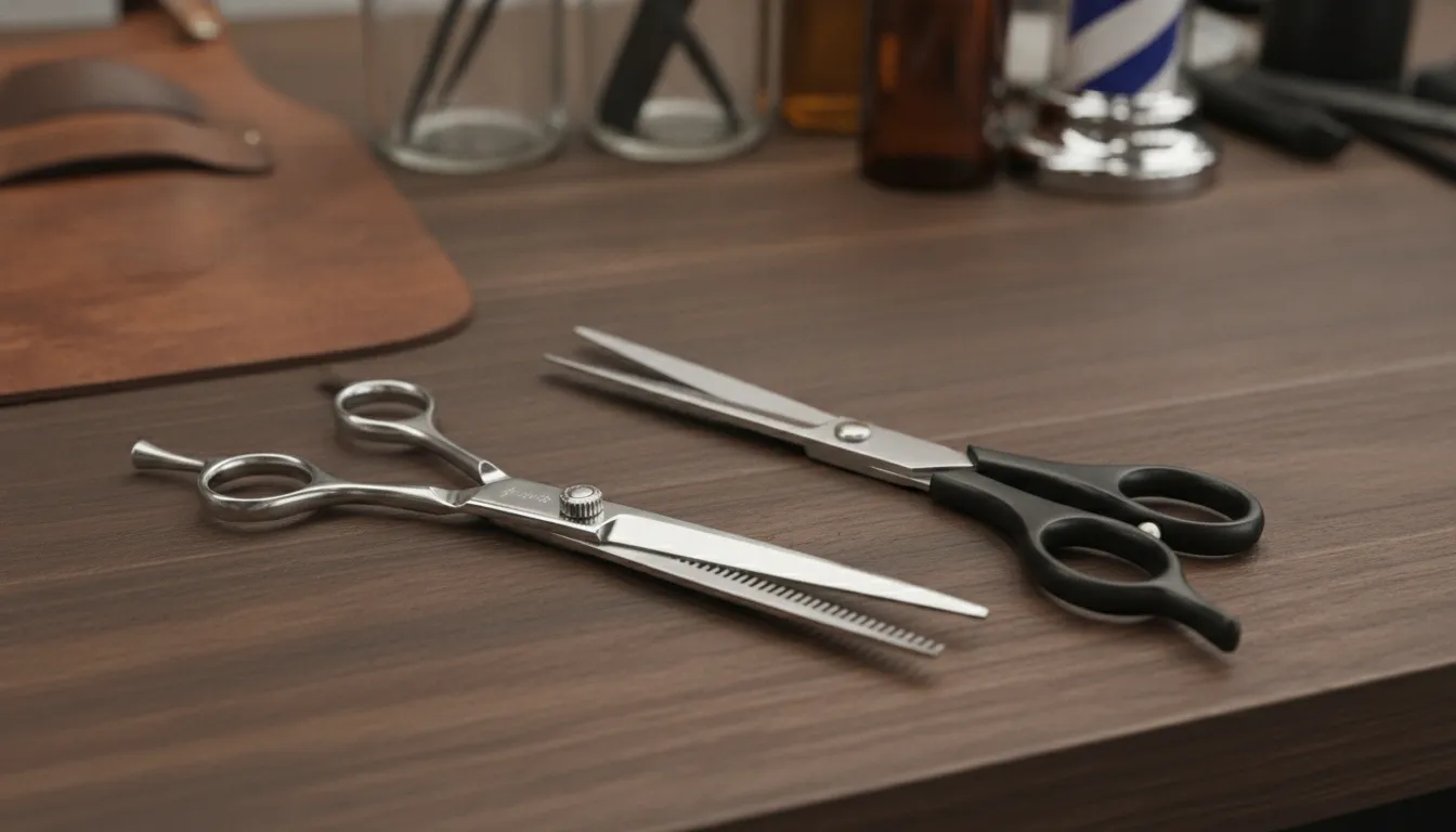 Professional barber shears with offset handles next to generic household scissors on a barber station