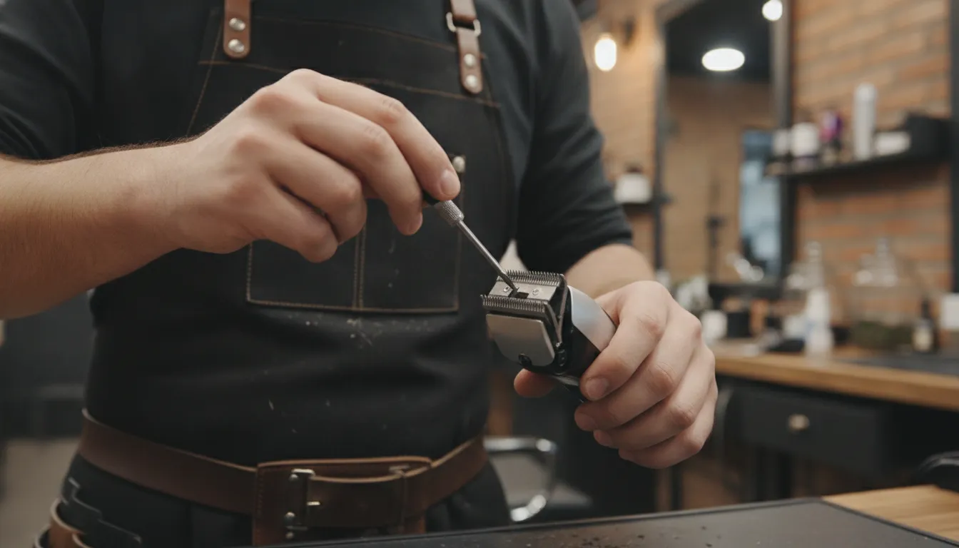 A professional barber hand adjusting the metal blades of a hair clipper with a screwdriver