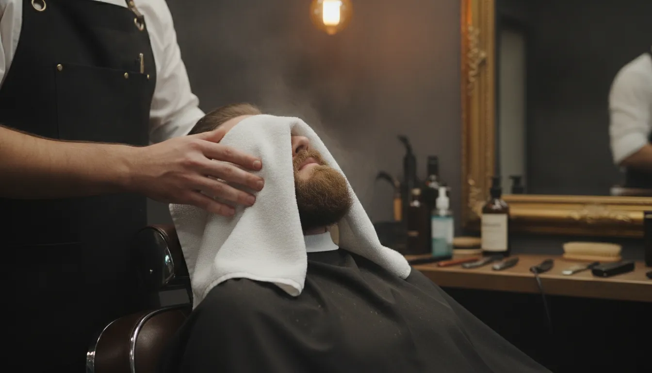 Professional barber applying a warm towel to a client's face for pre-shave preparation