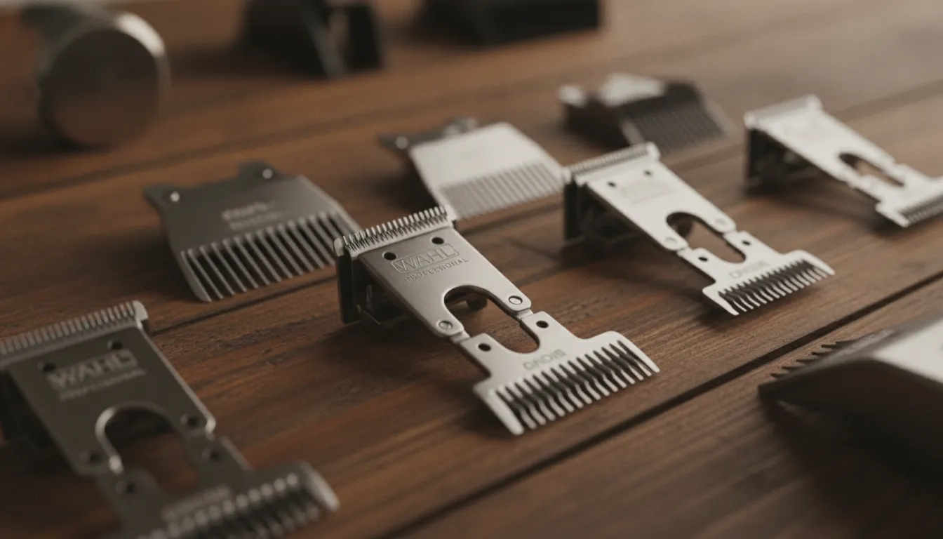 lineup of different professional clipper blade types on a wooden work surface